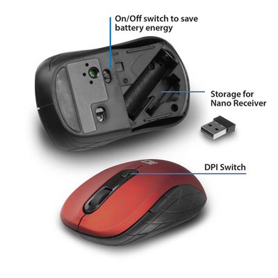 ACT Draadloze muis, USB nano-ontvanger, 1600 dpi, rood